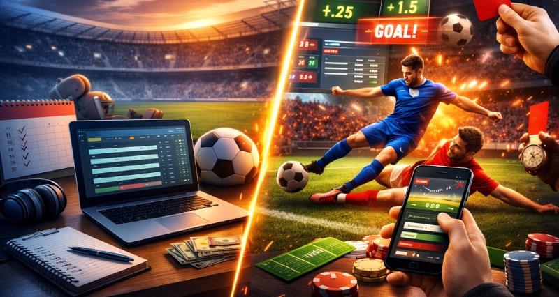 مقایسه شرط‌بندی زنده و شرط‌بندی پیش از شروع مسابقه با نمایش ضرایب، گل و پنل پیش‌بینی